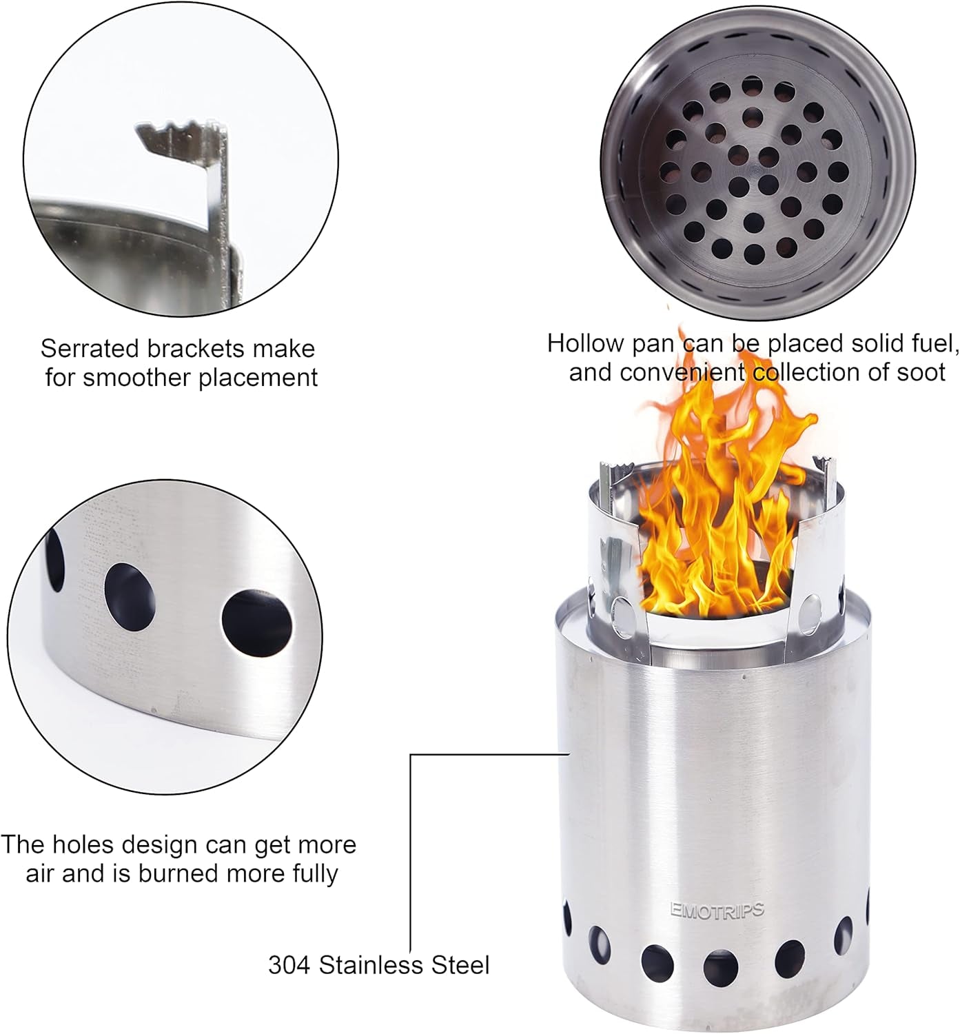 Outdoor Stainless Steel Portable Fire Pits for Outdoor Backpacking Hiking Traveling Picnic BBQ, Outdoor Wood Stove, Backpacking Stove, 4.9 Inch, Silver