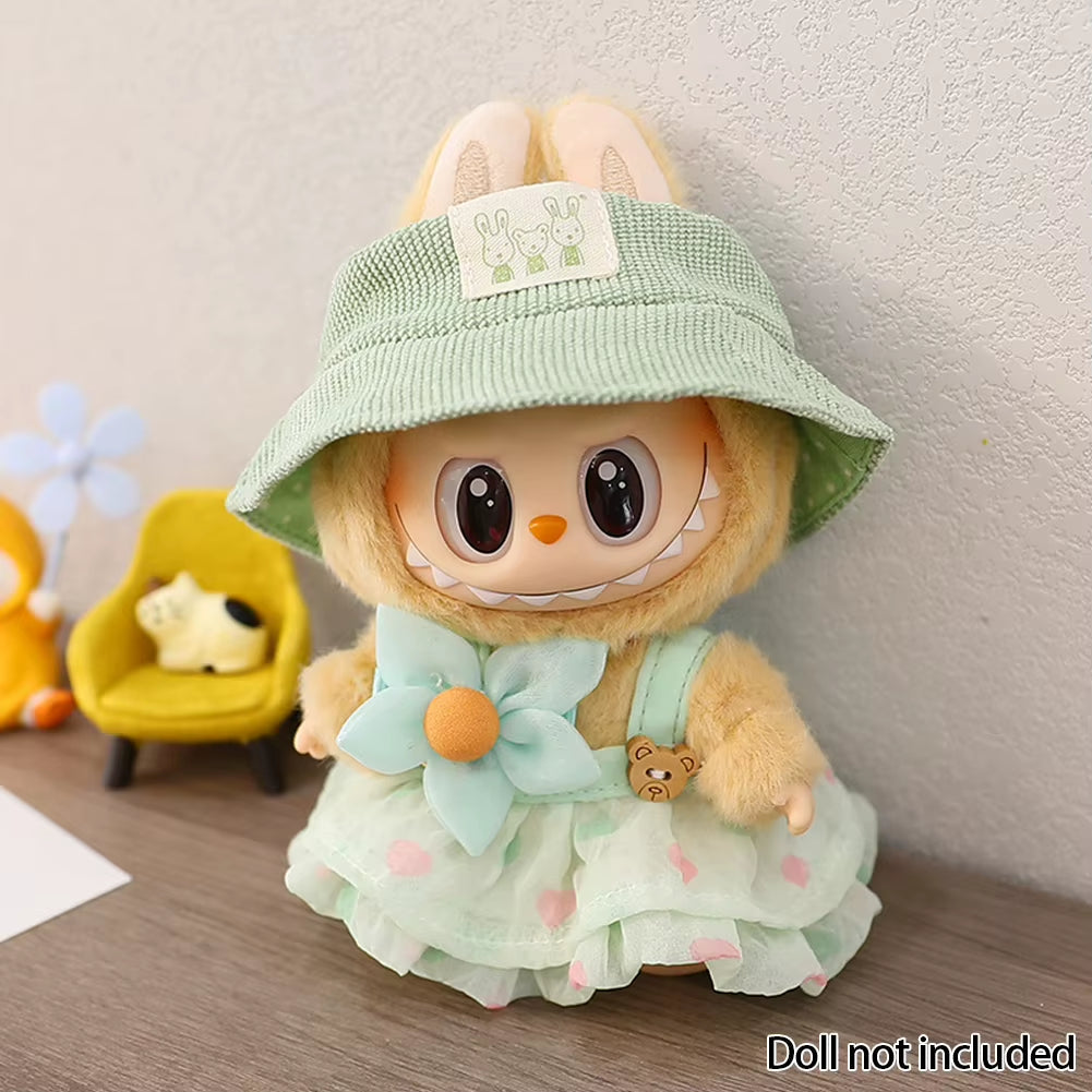 Adorable Labubu Doll Outfit Set - Wrinkled Skirt, Flower Hairpin & Fisherman Hat for 17cm Dolls