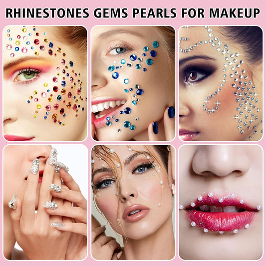7159Pcs Face Gems Eyes Jewels with Makeup Glue, Flatback Colorful Rhinestone, Crystal Ab&Clear Gems, White&Beige Pearls with Tweezers Dotting Tools for Face Makeup, Nail Art, Craft Decorations